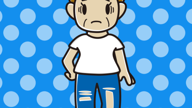ダメージジーンズで困るおばさんのイラスト【色、背景あり】PNG