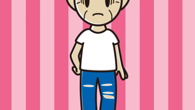 ダメージジーンズで困るおじいさんのイラスト【色、背景あり】PNG
