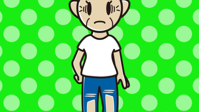 ダメージジーンズで困るおばあさんのイラスト【色、背景あり】PNG