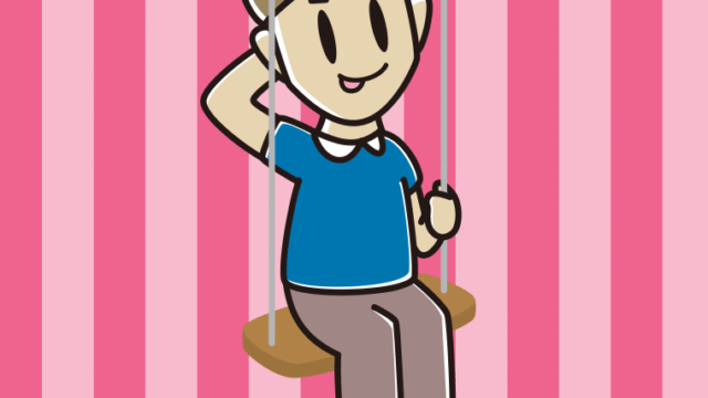 ブランコでテヘヘな男性のイラスト【色、背景あり】PNG