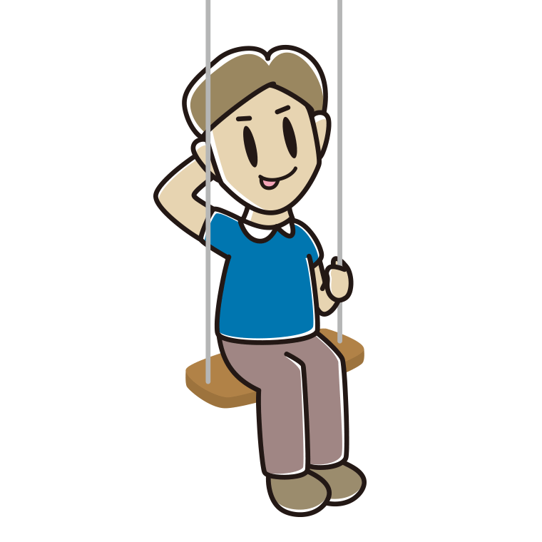 ブランコでテヘヘな男性のイラスト【色あり、背景なし】透過PNG