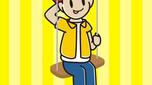 ブランコでテヘヘな男子大学生のイラスト【色、背景あり】PNG