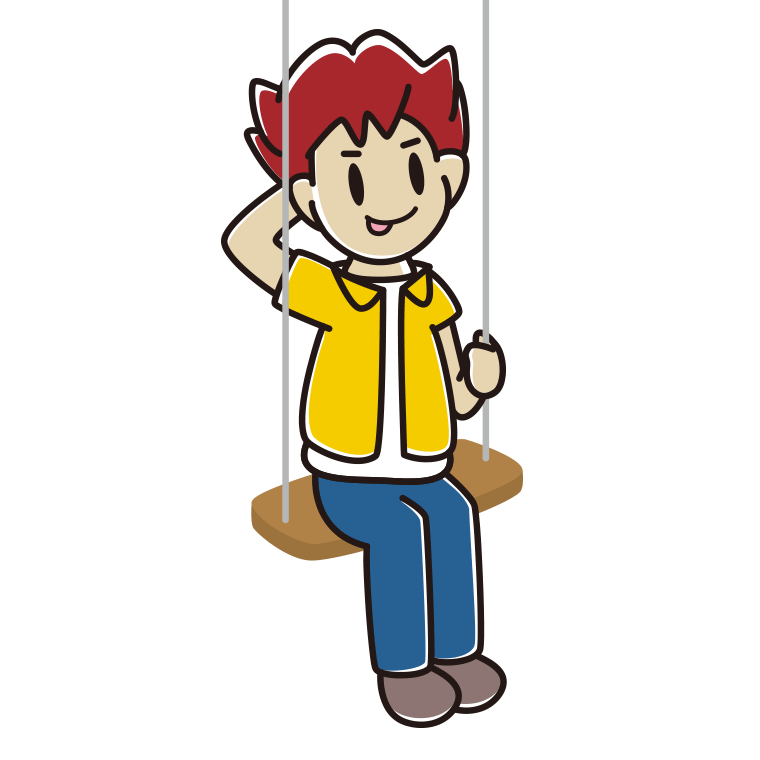 ブランコでテヘヘな男子大学生のイラスト【色あり、背景なし】透過PNG