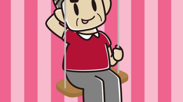 ブランコでテヘヘなおじさんのイラスト【色、背景あり】PNG