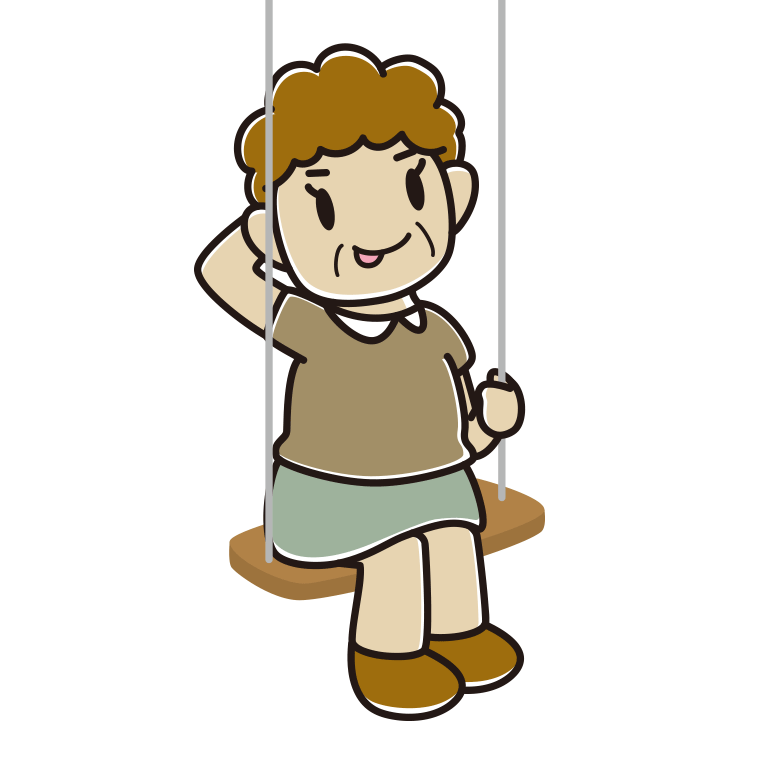ブランコでテヘヘなおばさんのイラスト【色あり、背景なし】透過PNG