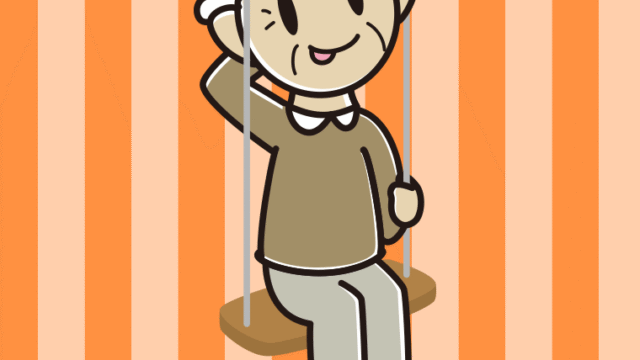 ブランコでテヘヘなおじいさんのイラスト【色、背景あり】PNG