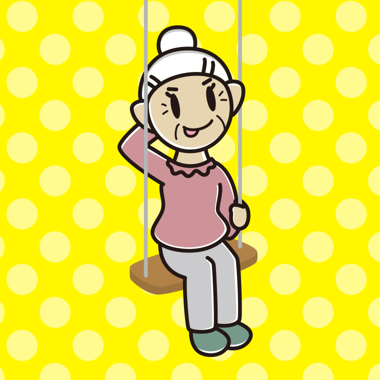 ブランコでテヘヘなおばあさんのイラスト【色、背景あり】PNG