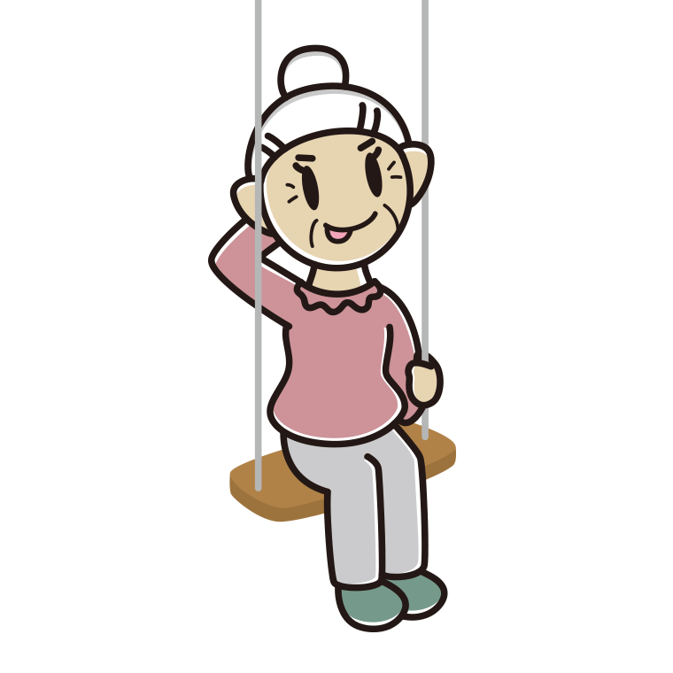 ブランコでテヘヘなおばあさんのイラスト【色あり、背景なし】透過PNG