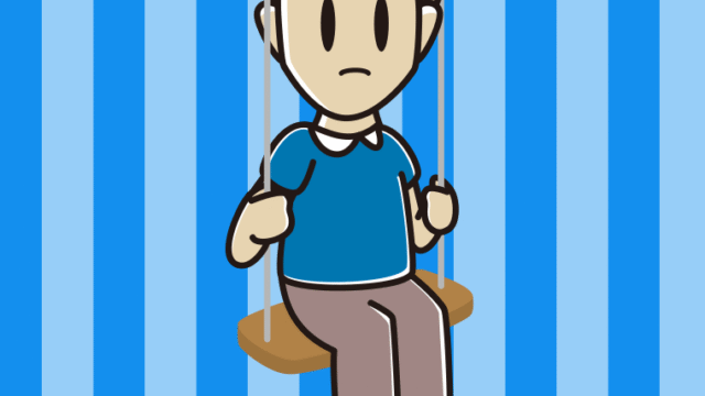 ブランコで何かに気付く男性のイラスト【色、背景あり】PNG