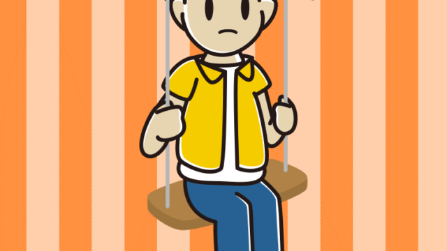 ブランコで何かに気付く男子大学生のイラスト【色、背景あり】PNG