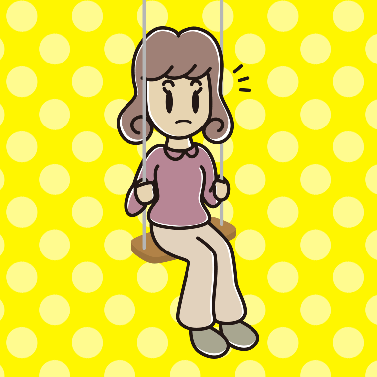 ブランコで何かに気付く女子大学生のイラスト【色、背景あり】PNG