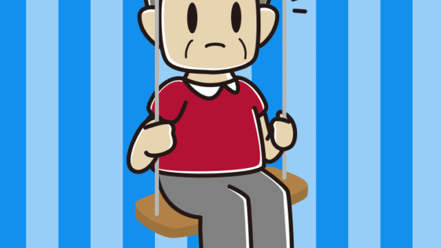 ブランコで何かに気付くおじさんのイラスト【色、背景あり】PNG