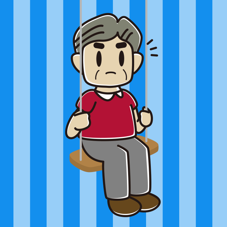 ブランコで何かに気付くおじさんのイラスト【色、背景あり】PNG