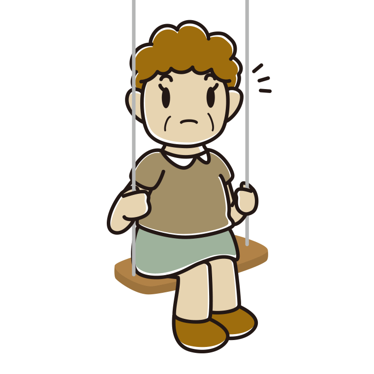ブランコで何かに気付くおばさんのイラスト【色あり、背景なし】透過PNG