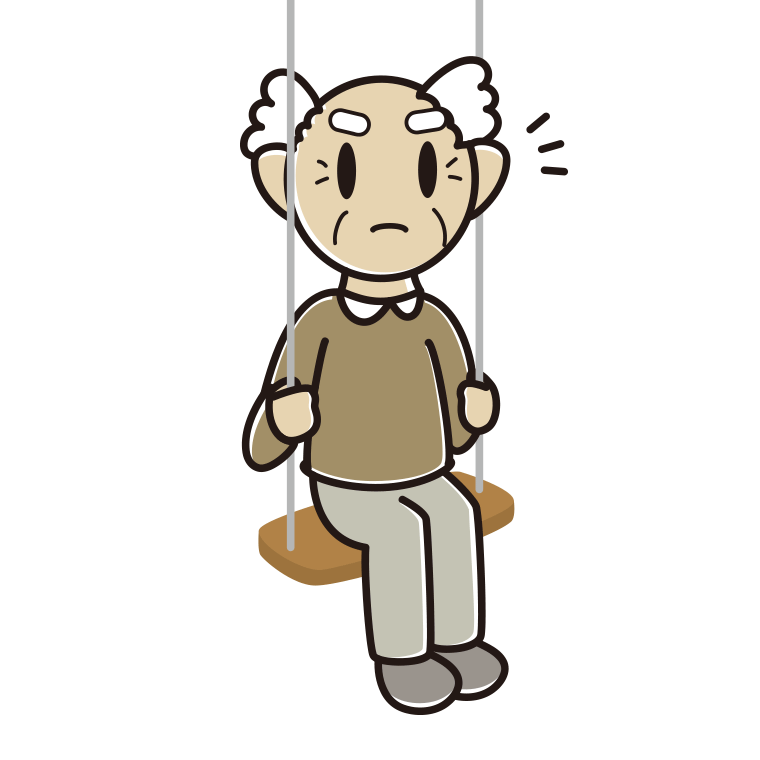 ブランコで何かに気付くおじいさんのイラスト【色あり、背景なし】透過PNG