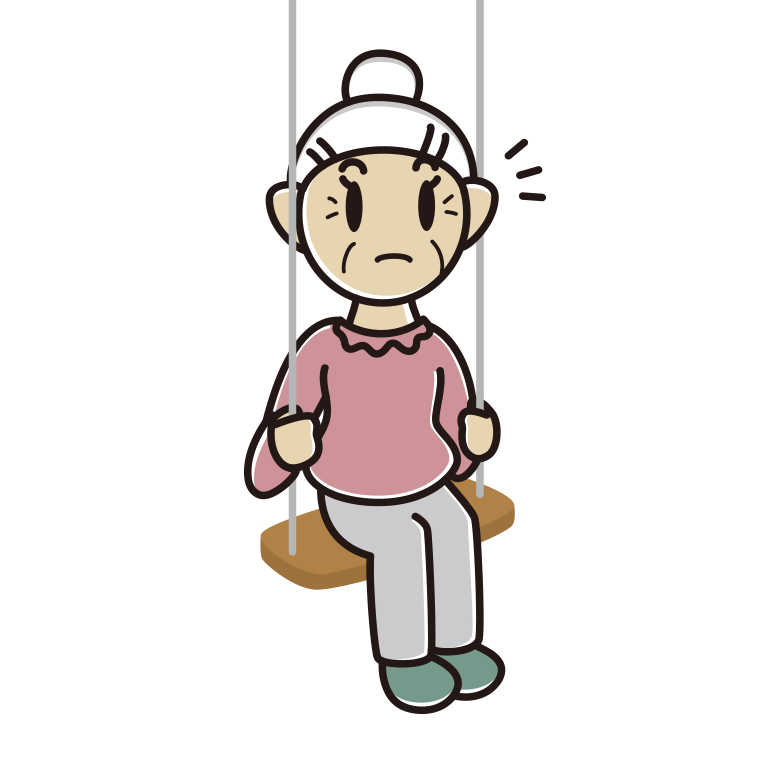 ブランコで何かに気付くおばあさんのイラスト【色あり、背景なし】透過PNG