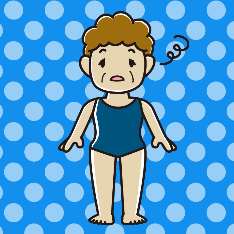 ぼーっとするスクール水着のおばさんのイラスト【色、背景あり】PNG