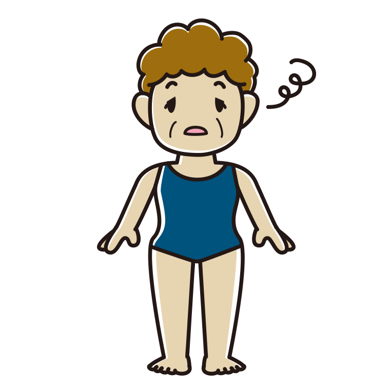 ぼーっとするスクール水着のおばさんのイラスト【色あり、背景なし】透過PNG