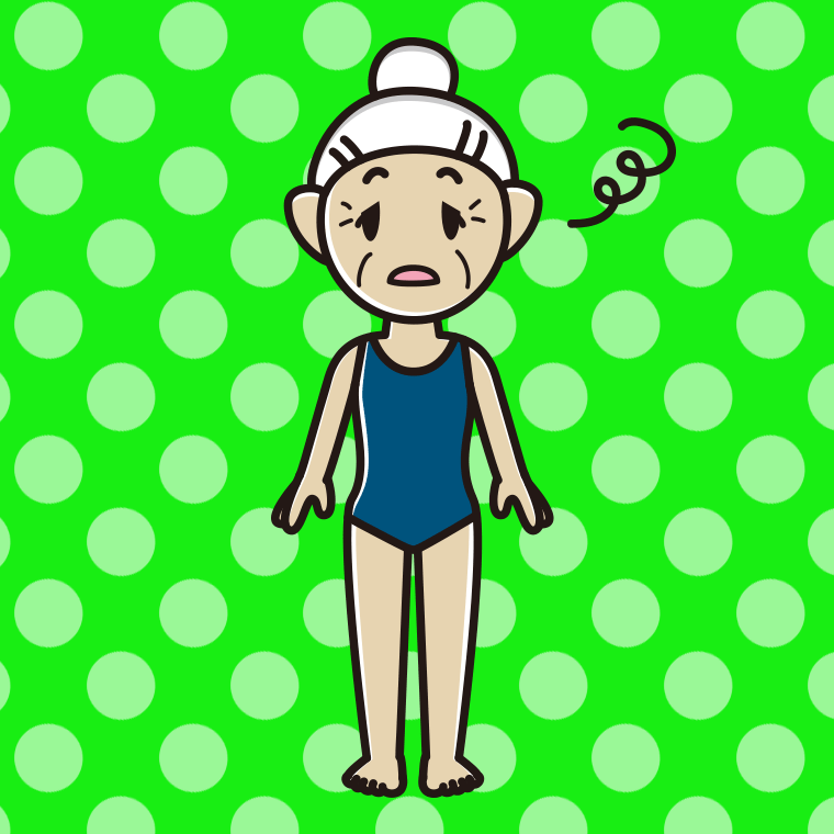 ぼーっとするスクール水着のおばあさんのイラスト【色、背景あり】PNG