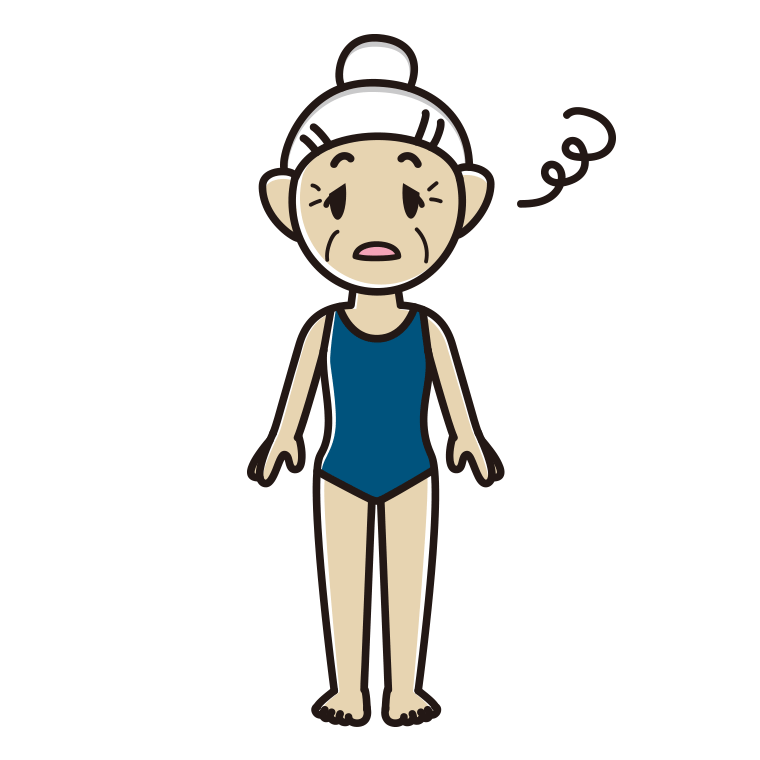 ぼーっとするスクール水着のおばあさんのイラスト【色あり、背景なし】透過PNG