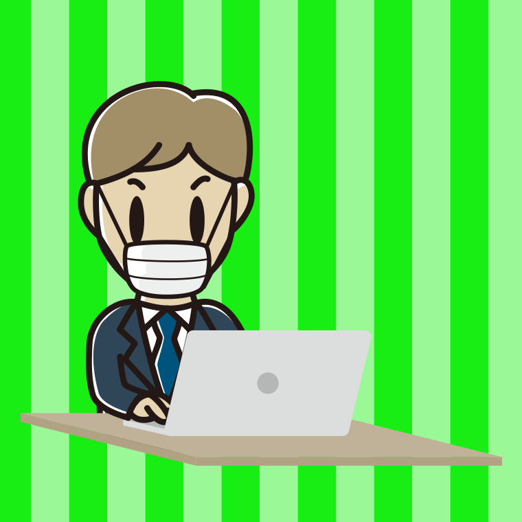 マスクをしてパソコンを使う男性会社員のイラスト【色、背景あり】PNG