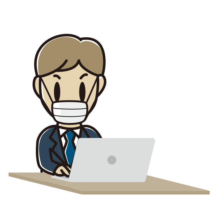 マスクをしてパソコンを使う男性会社員のイラスト【色あり、背景なし】透過PNG