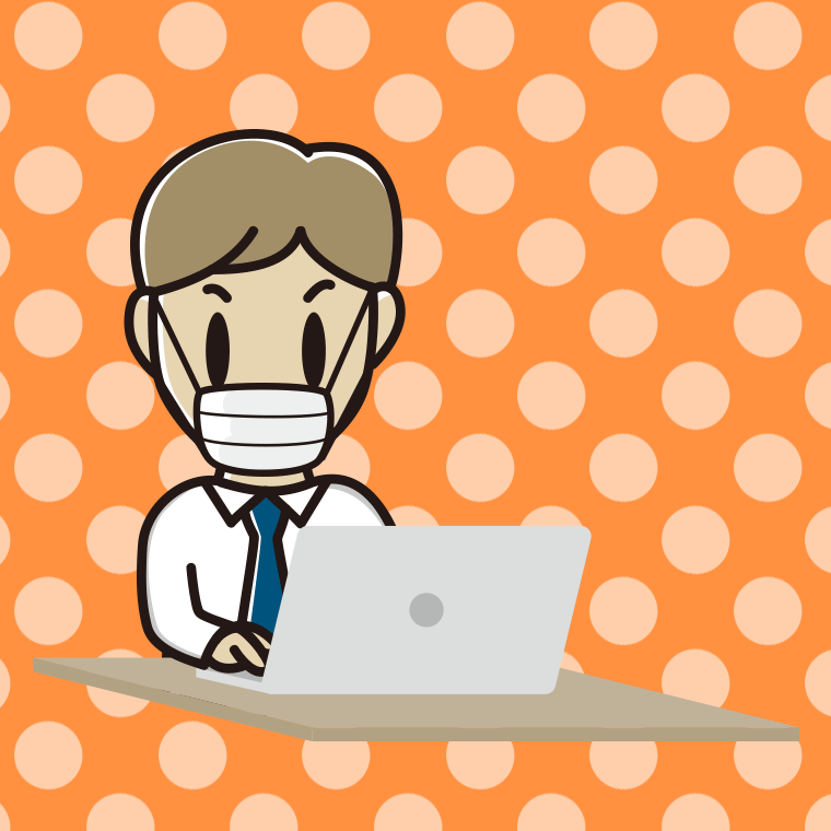 マスクをしてパソコンを使う男性会社員（ワイシャツ）のイラスト【色、背景あり】PNG