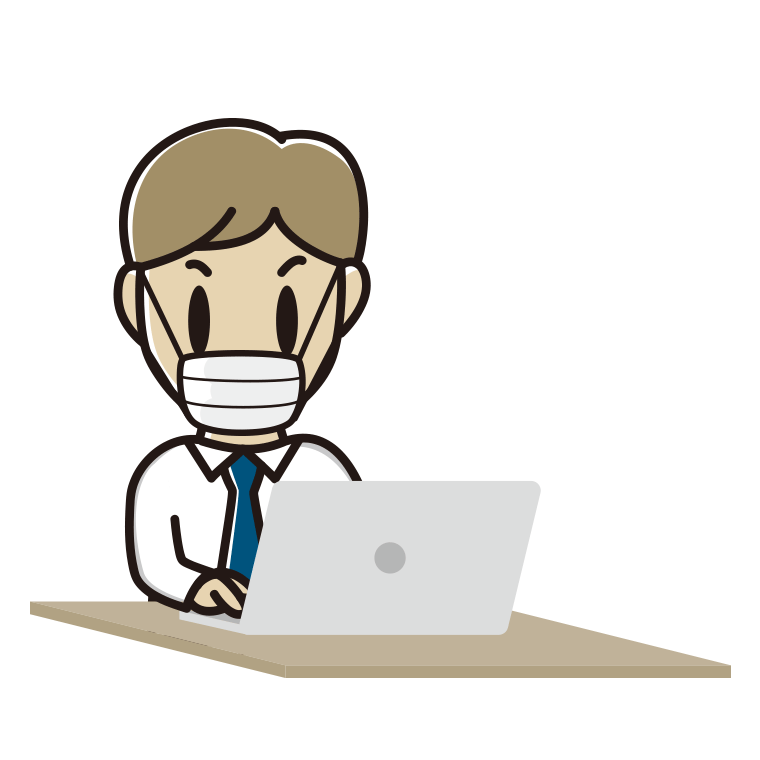 マスクをしてパソコンを使う男性会社員（ワイシャツ）のイラスト【色あり、背景なし】透過PNG