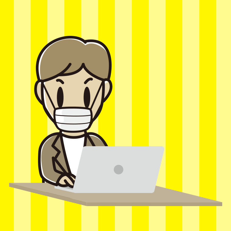 マスクをしてパソコンを使う男性会社員（カジュアル）のイラスト【色、背景あり】PNG
