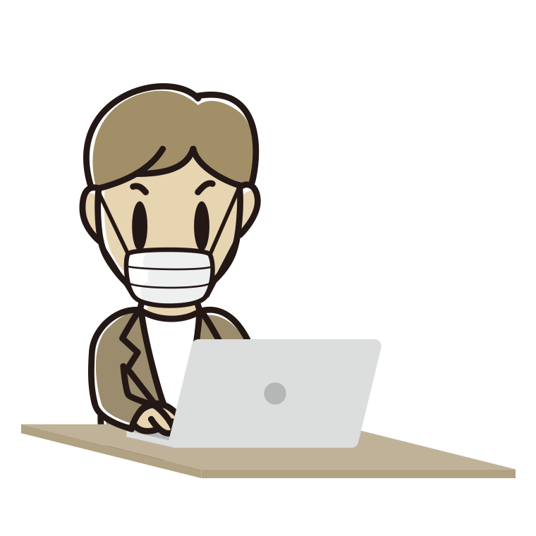 マスクをしてパソコンを使う男性会社員（カジュアル）のイラスト【色あり、背景なし】透過PNG