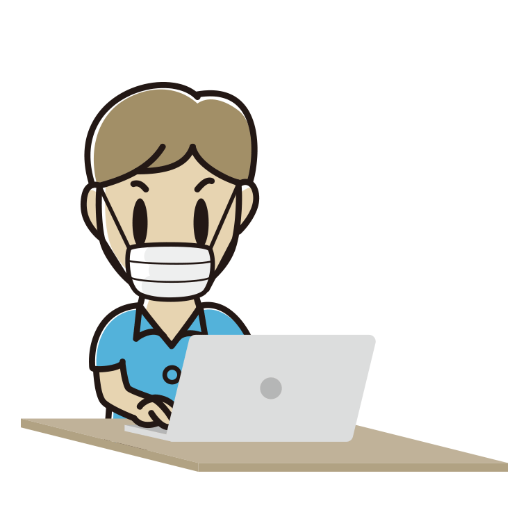 マスクをしてパソコンを使う男性会社員（クールビズ）のイラスト【色あり、背景なし】透過PNG