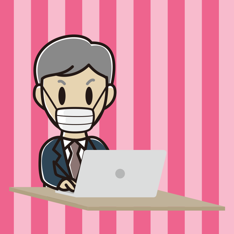 マスクをしてパソコンを使う年配男性会社員のイラスト【色、背景あり】PNG