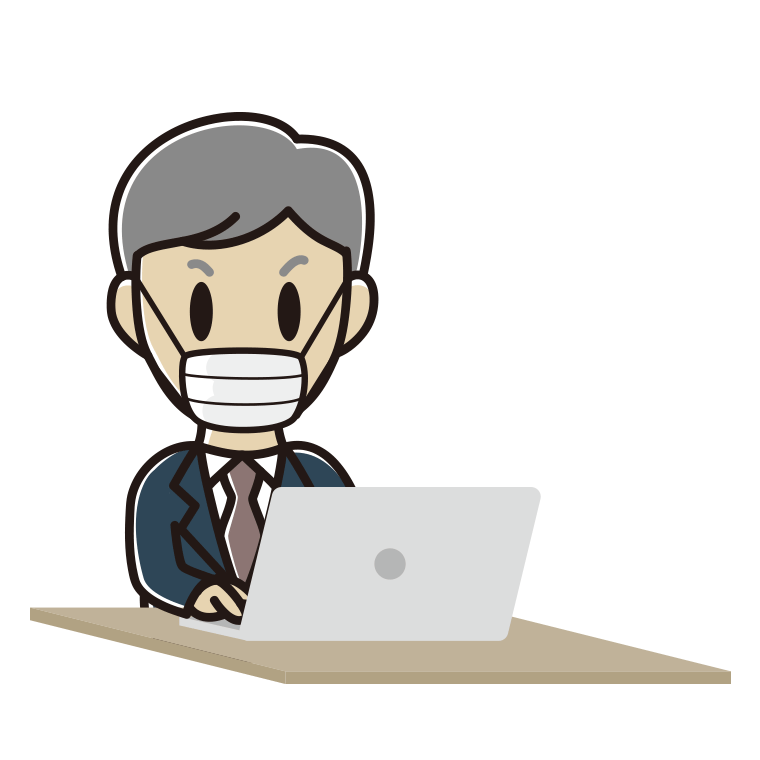 マスクをしてパソコンを使う年配男性会社員のイラスト【色あり、背景なし】透過PNG