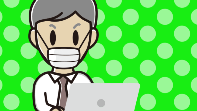 マスクをしてパソコンを使う年配男性会社員（ワイシャツ）のイラスト【色、背景あり】PNG