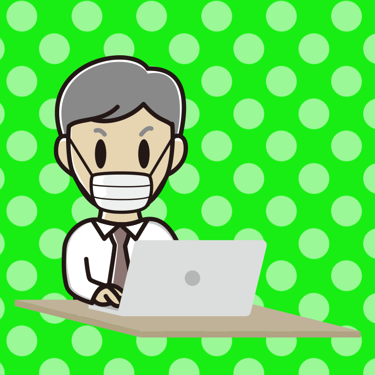 マスクをしてパソコンを使う年配男性会社員（ワイシャツ）のイラスト【色、背景あり】PNG