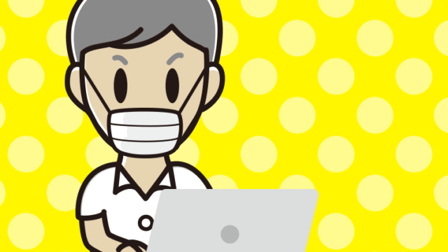 マスクをしてパソコンを使う年配男性会社員（クールビズ）のイラスト【色、背景あり】PNG