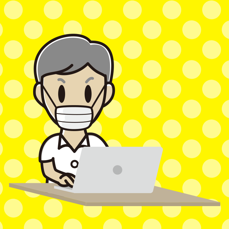 マスクをしてパソコンを使う年配男性会社員（クールビズ）のイラスト【色、背景あり】PNG