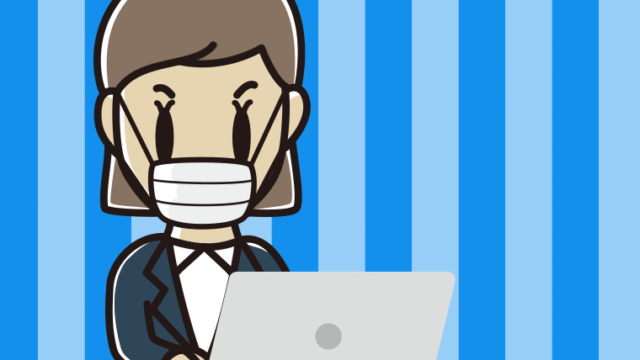 マスクをしてパソコンを使う女性会社員のイラスト【色、背景あり】PNG