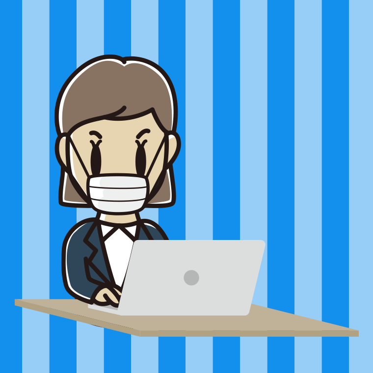 マスクをしてパソコンを使う女性会社員のイラスト【色、背景あり】PNG