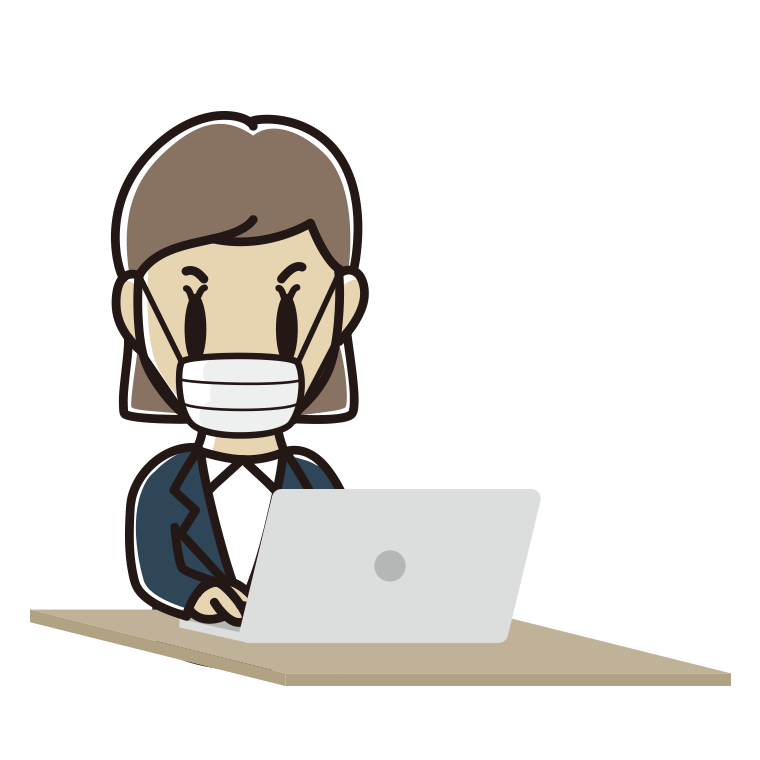 マスクをしてパソコンを使う女性会社員のイラスト【色あり、背景なし】透過PNG