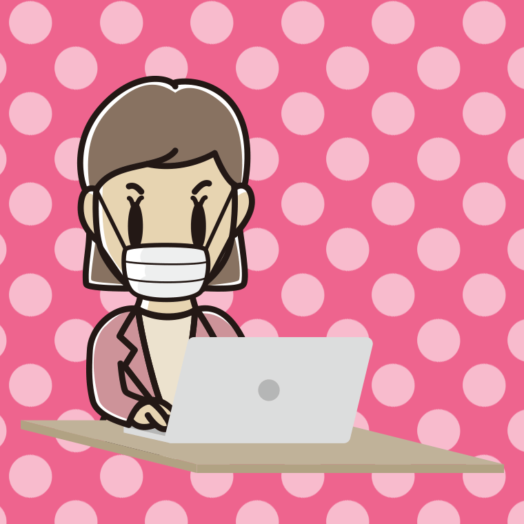 マスクをしてパソコンを使う女性会社員（カジュアル）のイラスト【色、背景あり】PNG