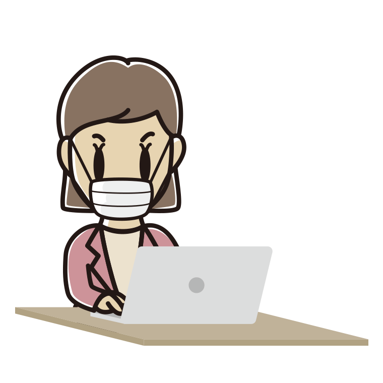 マスクをしてパソコンを使う女性会社員（カジュアル）のイラスト【色あり、背景なし】透過PNG