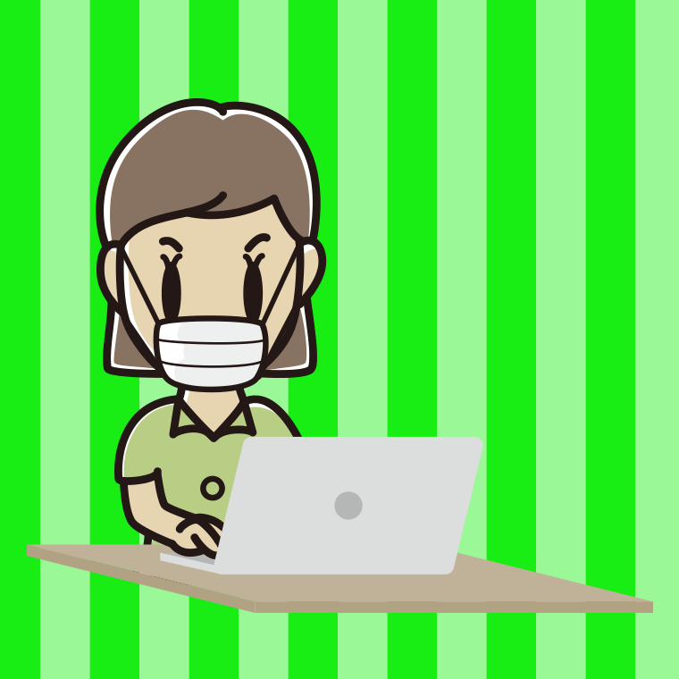 マスクをしてパソコンを使う女性会社員（クールビズ）のイラスト【色、背景あり】PNG