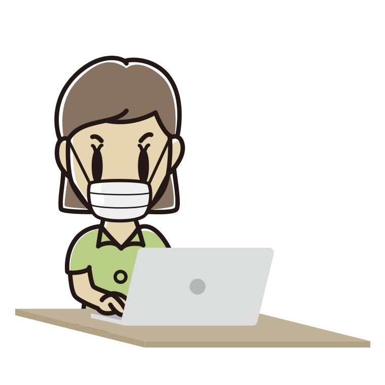 マスクをしてパソコンを使う女性会社員（クールビズ）のイラスト【色あり、背景なし】透過PNG