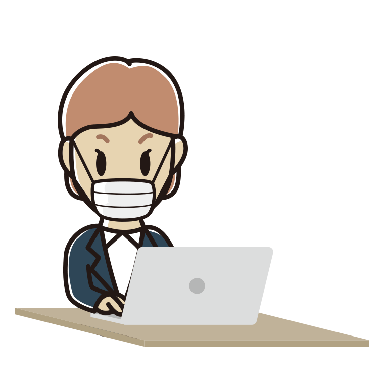マスクをしてパソコンを使う年配女性会社員のイラスト【色あり、背景なし】透過PNG