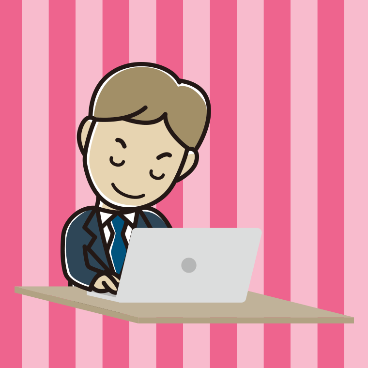 パソコンにお辞儀する男性会社員のイラスト【色、背景あり】PNG