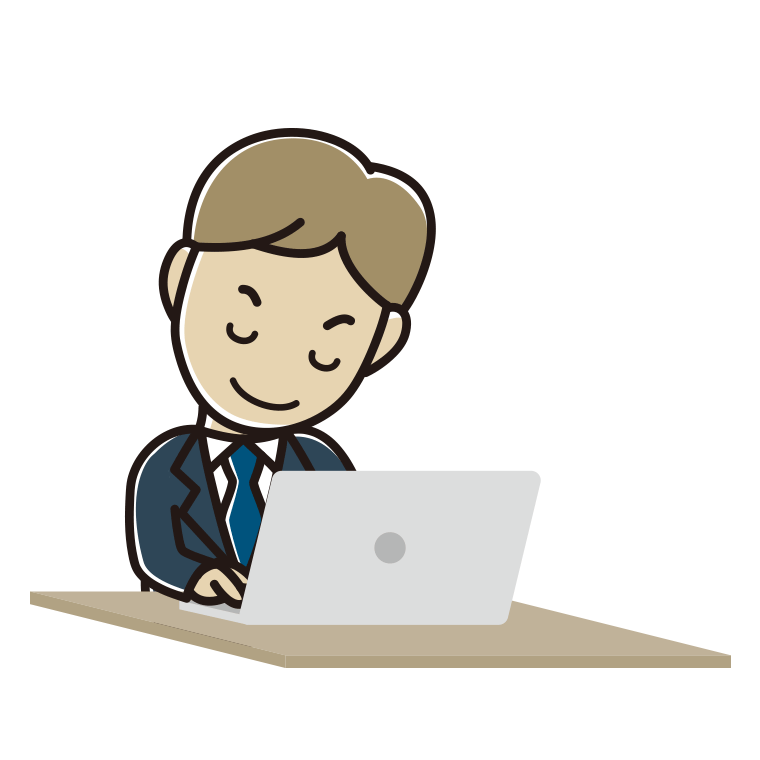 パソコンにお辞儀する男性会社員のイラスト【色あり、背景なし】透過PNG