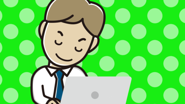 パソコンにお辞儀する男性会社員（ワイシャツ）のイラスト【色、背景あり】PNG