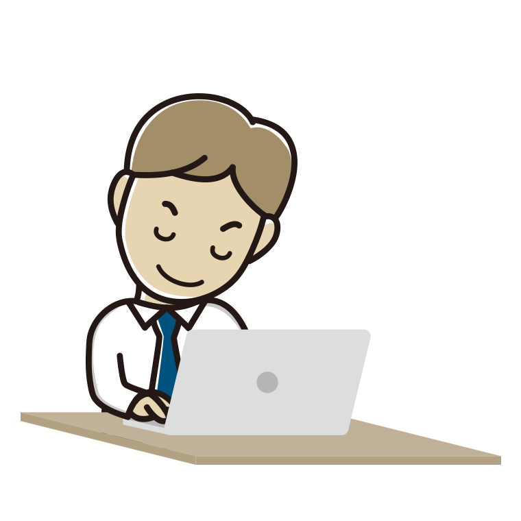 パソコンにお辞儀する男性会社員（ワイシャツ）のイラスト【色あり、背景なし】透過PNG