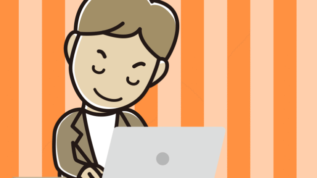 パソコンにお辞儀する男性会社員（カジュアル）のイラスト【色、背景あり】PNG